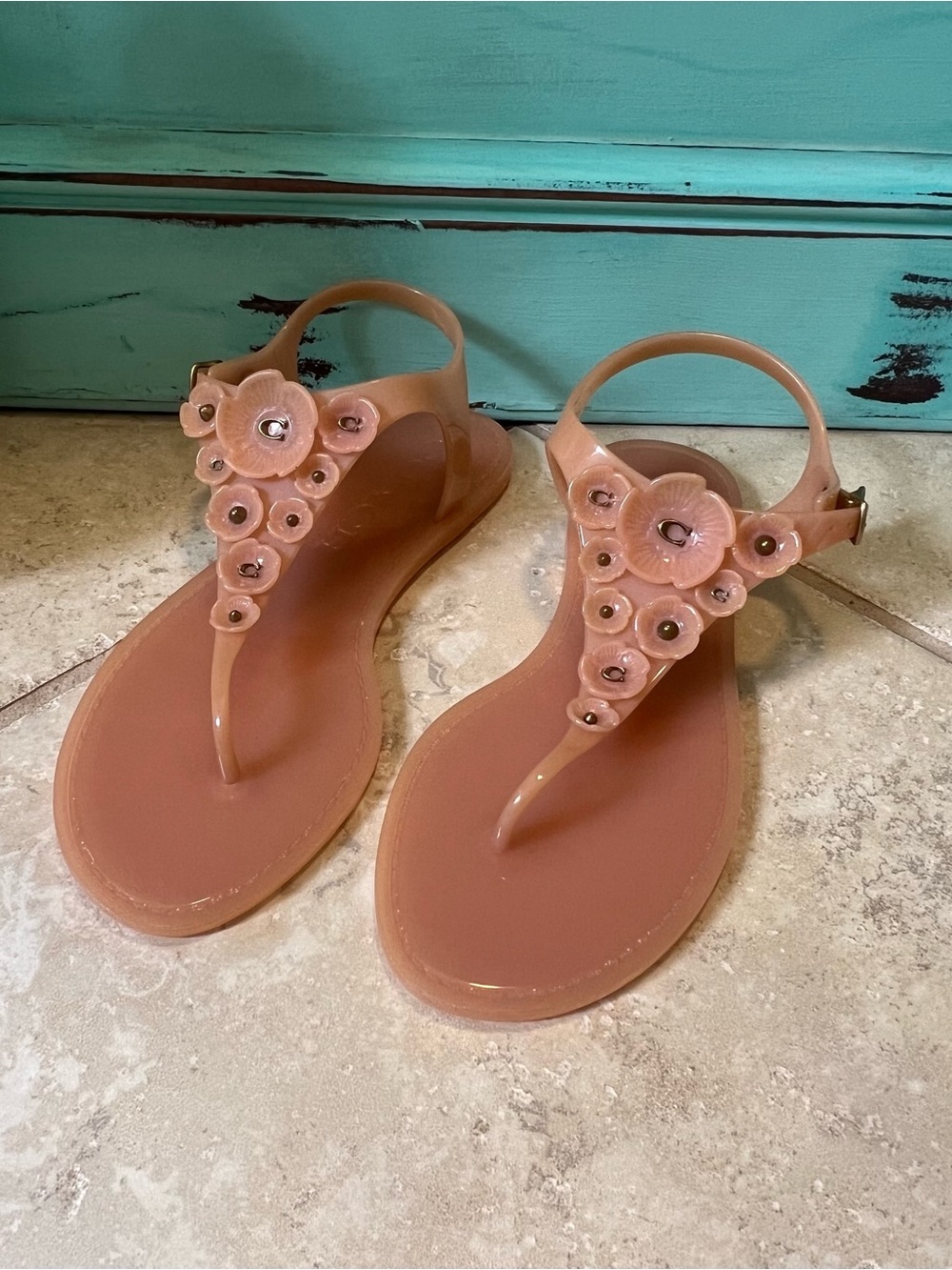 Coach Jelly Sandal Peach Pink Tea Rose Floral Thong G2070 Womens 8B